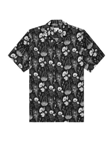 Sunspel Leaf Print Camp Collar Shirt Black Pour